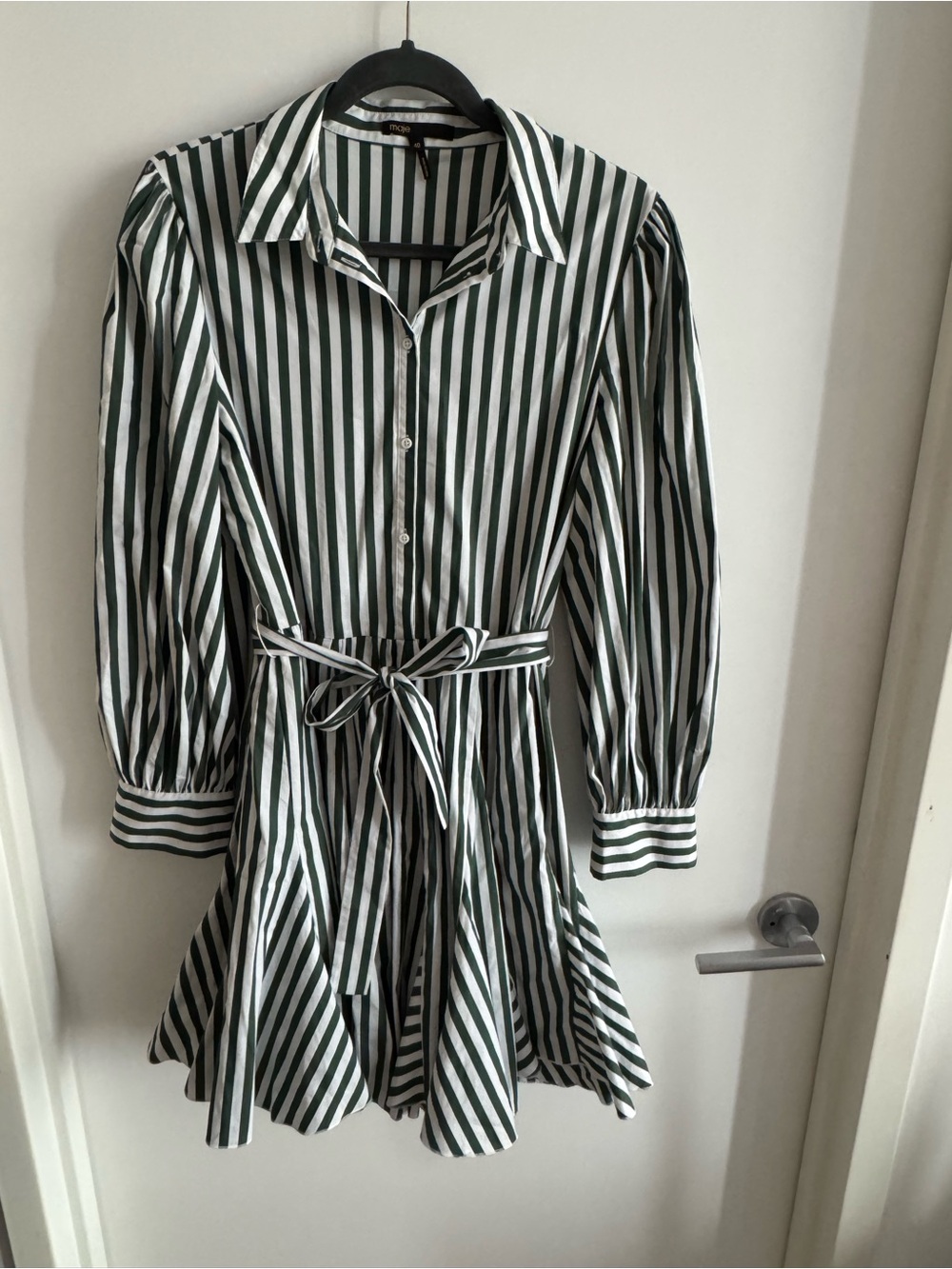 MAJE Green Striped Button Down Mini Dress